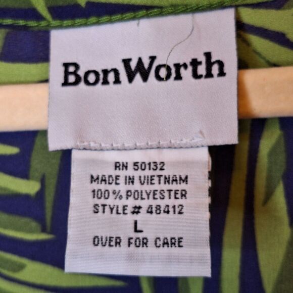 Bonworth Womens Pullover Top Size L Green Blue Palm Leaf Ruffle Sleeve and Hem - Picture 7 of 12